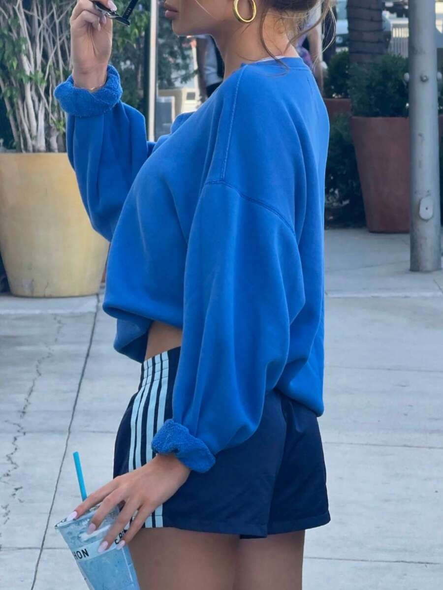 羊毛休闲女式运动卫衣,海军蓝户外运动服,适合锻炼、跑步、健身、休闲日常穿着 - 寶藍色 - 查看 1