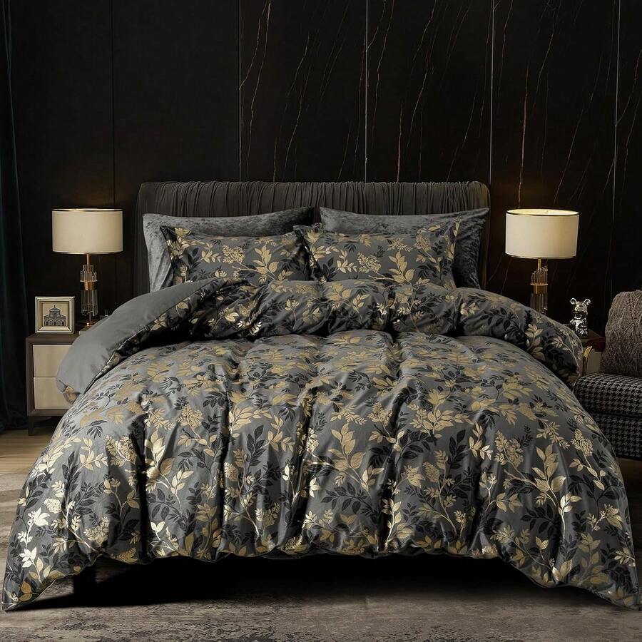 Queen Size 3pcs Ultra Soft Breathable Comforter Cover Set, Luxury Cozy Flannel Duvet Cover With Pillow Shams, 90" X 90", Dark Grey, And Bedding Collection - 灰色和金色(無被子) - 查看 1
