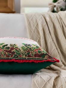 1pc Christmas Santa Claus Tassel Decorative Throw Pillow Case Cover, Front Jacquard Fabric, Back Plush Fabric, Square Cushion Cover, Holiday Home Pillow Decor, Soft Velvet Material, Modern Decor For Sofa, Home & Bedroom - Green - View 5