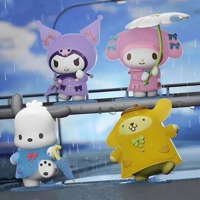Sanrio 1 pièce Boîte mystère Sanrio Rainy Day Series - Personnages d'anime mignons avec parapluie et accessoires de gouttes de pluie, surprise à collectionner avec des yeux expressifs et des poses dynamiques, cadeau d'anniversaire/Noël parfait pour les fans, décoration de maison/bureau/voiture (couleurs pastel, personnage aléatoire), décoration de bureau, figurine détaillée, détails peints à la main, pour les amateurs de Kawaii