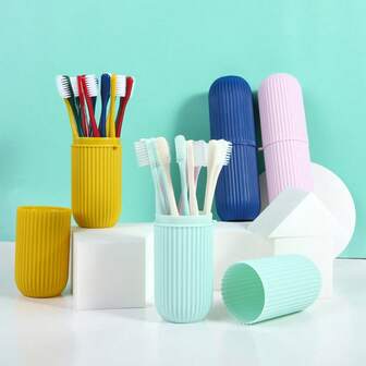 12Pcs Multi Color Classic Manual Toothbrush With Travel Storage Mouthwash Cup, Extra Soft Activated-Charcoal, Non-Plastic Soft Natural Bristles, Great For Adults