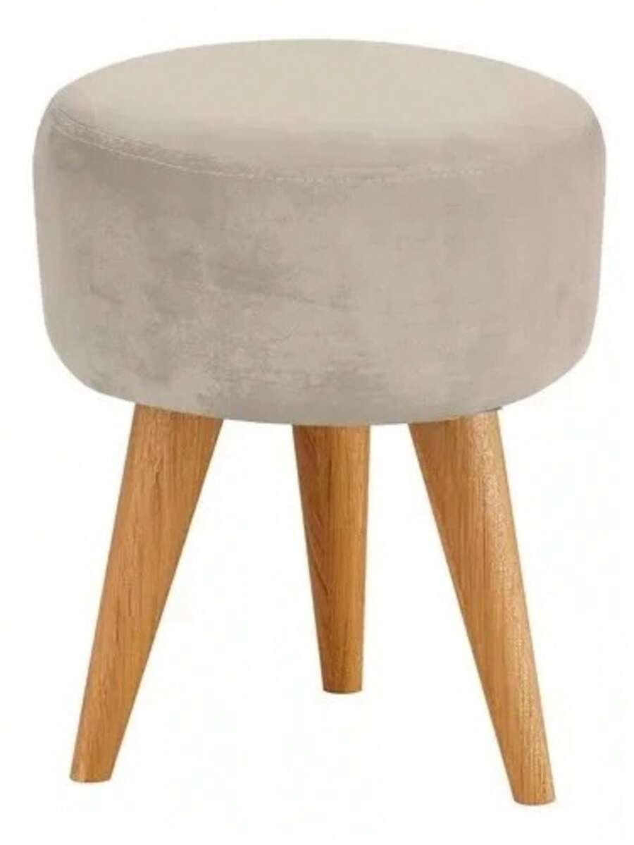 Round Pouffe Decorative Upholstered Stool With Beige Stick Legs - 米色 - 查看 1