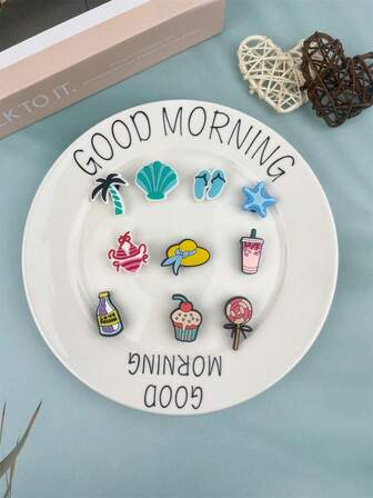 10pcs/Set Food & Beach Slippers Cartoon Pattern Suitable For Sandals And Bracelet DIY Accessories, Slippers And Phone Decorations, Suitable For Couples Birthday And Holiday Gifts