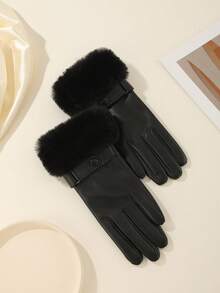 1 Pair Women's Leather Gloves With Furry Cuff, Fashionable Warm Thermal Lined Touchscreen Gloves, Waterproof & Windproof PU Leather Gloves