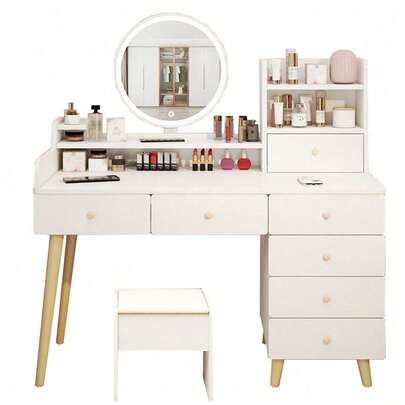 Tocador Compacto Moderno Con Espejo Led 7 Cajones Silla 113x40x100cm