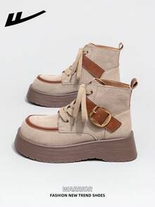 WARRIOR Women's 1 Pair Thick Sole Boots, 2025 Autumn New Arrival, Design, Thick Sole, Fashion Short Boots, Outdoor Wear, Retro British Style Khaki Short Boots