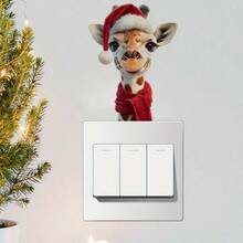 Pegatinas de interruptor de luz de jirafa de Navidad - Diseño festivo de gorro de Papá Noel, calcomanías de pared de plástico autoadhesivas para dormitorio y sala de estar, decoración navideña divertida, regalo de Navidad perfecto, decoración navideña de jirafa, decoración de sala de estar, diseño juguetón, fácil aplicación, decoraciones navideñas, lo mejor para Navidad, perfecto para la decoración de Acción de Gracias