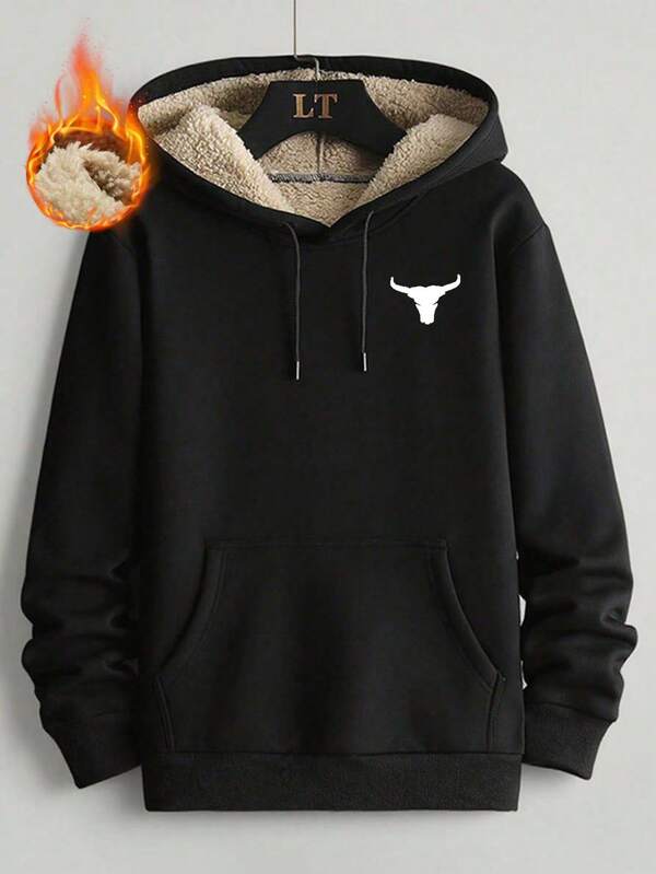 (Größe nach oben empfohlen) Herren einfarbiger Pullover mit Herbst- und Winterplüsch-Warmkapuze, schwarz bedruckte Kapuze mit Thermolangarm, Thermo-Herren, Winterkleidung, geeignet für Herbst- und Winterausflüge und Aktivitäten in Innenräumen, als Geschenk für Freunde, Ehemann, Freund