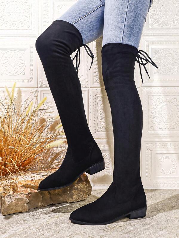 بوت نسائية أنيقة ذات لون أحادي من ألياف اصطناعية، أصبع قدم مدبب، ربط خلفي، فوق الركبة، كعب سميك، ناعمة ومطاطية، مناسبة للخريف والشتاء