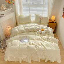 Chic Ruffle Lace Polyester Duvet Cover Set - Girl White Bedding - 2 Piece Twin Comforter Duvet Cover With Zipper Closure - Ultra Soft And Lightweight (White, Twin) - NO Comforter Included - 淡黃色 - 查看 9
