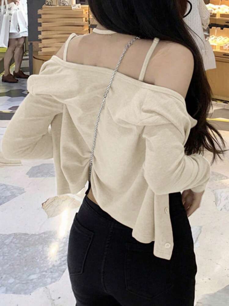 女士休闲无袖上衣和圆领开衫两件套，秋冬季 - 杏色 - 查看 6