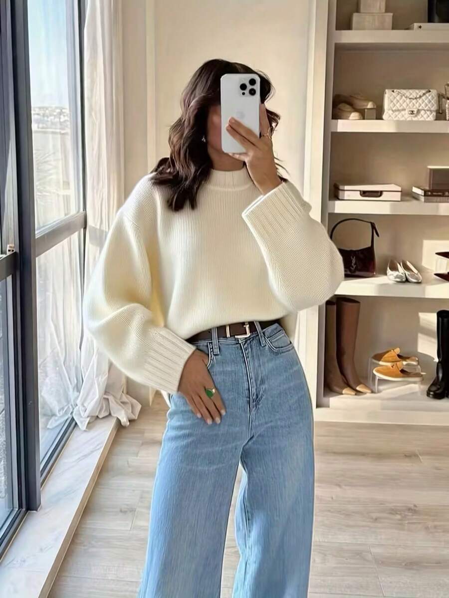 Casual Solid Color Ribbed Knit Sweater, Autumn/Winter - White - View 1