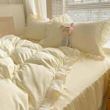 Chic Ruffle Lace Polyester Duvet Cover Set - Girl White Bedding - 2 Piece Twin Comforter Duvet Cover With Zipper Closure - Ultra Soft And Lightweight (White, Twin) - NO Comforter Included - 淡黃色 - 查看 7