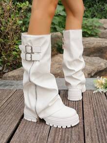 秋冬新款女鞋，时尚圆头厚底过膝长靴，褶皱粗跟黑色/棕色/白色/米色宽松长靴，休闲翻边机车靴，舒适百搭西部牛仔靴，派对靴 - 白色 - 查看 6