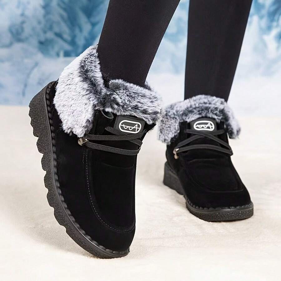 Women's Lightweight Snow Boots, Size 36-43, Short Boots, Warm & Anti-Slip Round Toe, Plus Size, Lightweight, High-Top, Flat Heel, Casual Mid-Aged Boots - 黑色 - 查看 1