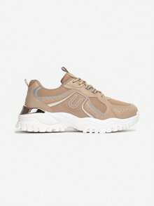 Soft Casual Sneakers Women's Flat Thick Sole Metal Accent Sport Spring/Fall - Khaki - View 3