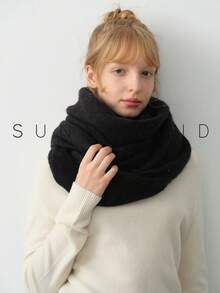 1 pieza Cuello de punto de unicolor de poliéster cálido para mujer, versátil para ir al trabajo y uso diario, otoño/invierno para vestir - Negro - Ver 3