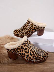Leopard Print High Heel Pumps For Women, Autumn/Winter Comfortable Fluffy Slip-On Mule Slippers, Suitable For Autumn/Winter Everyday And Indoor Wear