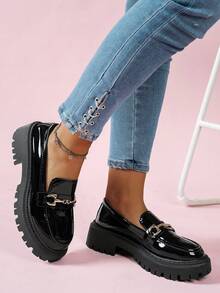 女士多功能休闲蝴蝶结装饰乐福鞋平底，镜面材质，复古优雅英伦风，舒适柔软牛津鞋，黑色、白色、棕色光泽，2025年春夏秋冬新款 - 黑色 - 查看 4