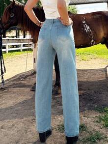 Women's Classic Straight Leg Jeans - Mid Rise Vintage Wash Denim Pants With Single Button Fly & Utility Pockets For Everyday Casual Wear