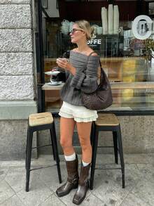 Senya 秋冬新款纯色露肩长袖针织衫，时尚宽松性感套头衫，女士冬季毛衣，适合情人节、新年等节日穿着。 - 灰色 - 查看 3