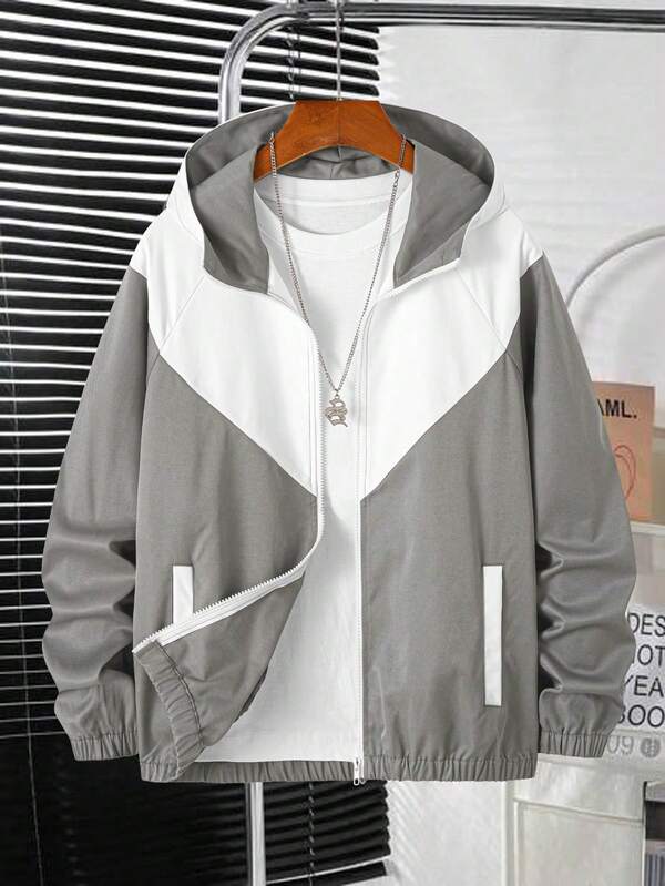 1 pieza Chaqueta casual para chicos adolescentes, diseño de patchwork de moda, versátil para uso al aire libre, ir y venir, ropa de ocio, también adecuada como regalo