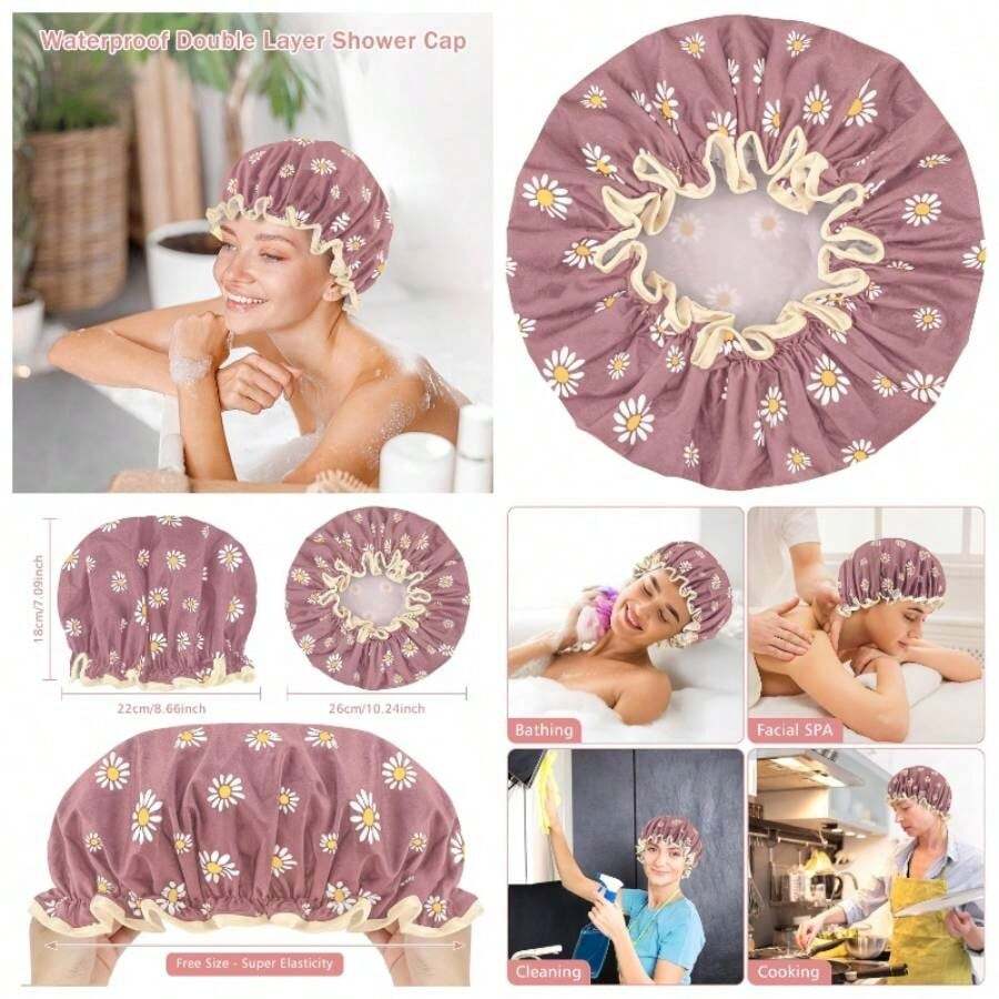 Gorrito para baarte de Mujer, Gorro de Bao Impermeable Doble Capa con Diseo Florido nico, Reutilizable para Pelo Largo, Corto o Rizado - Rosa Nórdico - Margarita - Ver 1