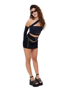 Cropped Feminino Assimétrico Manga Com Dedeira Estilosa Moda Gringa - Preto - Visão 2