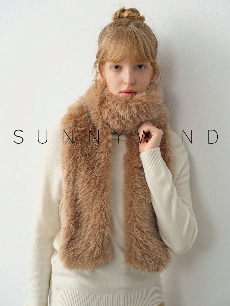 1pc Women's Solid Color Polyester Fashion Warm Fuzzy Scarf, Suitable For Daily Use - Camel - View 1