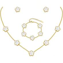 Gold Bracelets Earring Set - 18K Gold Plated Flower Bracelet Chain,Stainless Steel Non Tarnish Floral Pendant Stud Jewelry Sets,Birthday Lucky Mom Wife Daughter Girlfriend - 白色 - 查看 12