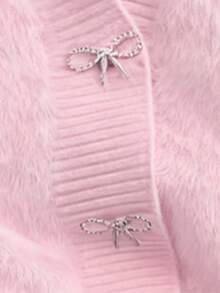 Cardigã feminino em cashmere sintético macio com botões de borboleta, cor sólida, botões frontais e malha canelada rosa. - Rosa - Ver 3