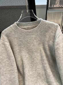 1 pieza Suéter gris elegante de mujer de unicolor minimalista, suave con lentejuelas brillantes, de cuello redondo, manga larga, corte holgado, moda de otoño - Gris Claro - Ver 4