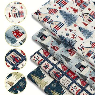 1pc Rustic Country Christmas Quilting Fabric - 59 X 19.68 Inches (150 X 50 Cm) Pre-Cut Polyester Fabric With Vintage Cottage, Old-Fashioned Christmas Tree, Winter Farmhouse Patterns - Suitable For DIY Sewing, Scrapbooking, Tablecloths And Crafts