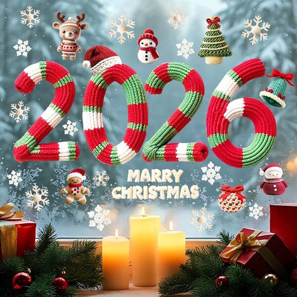 ملصقات عيد الميلاد والسنة الجديدة 2026، عيد ميلاد سعيد، ملصقات نافذة دب عيد الميلاد بتأثير ألعاب نارية ذهبية، ديكور عطلة الحزب، ملصقات زجاج لاصقة