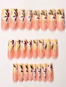 24 piezas Juego de uñas postizas en forma de ataúd, con un estilo liso y un degradado de amarillo brillante a flores con hojas verdes, kit de manicura de cobertura acrílica completa, perfecto para suministros de arte DIY. Incluye un trozo de pegamento de gelatina y una lima de uñas, adecuado para uso diario, fiestas, baile y como regalo.