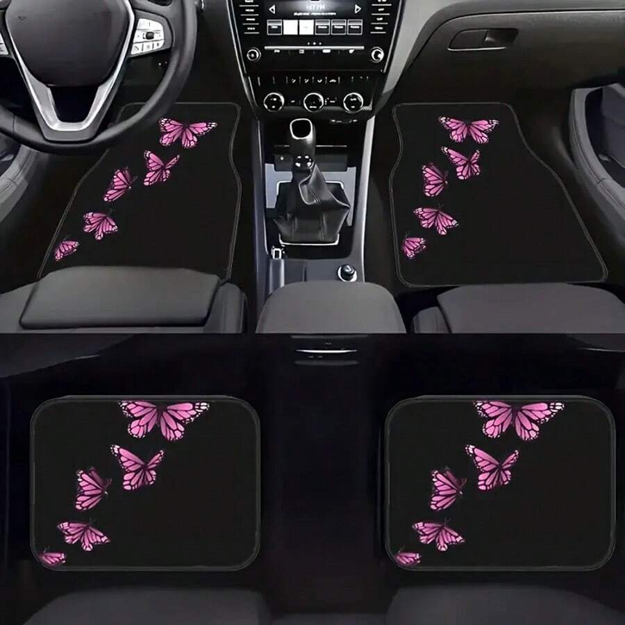 4件組蝴蝶印花汽車腳踏墊套組，通用型汽車腳踏墊，車內腳墊－全車前後覆蓋車內配件，適用於轎車、卡車、SUV，女孩車內裝飾，汽車配件