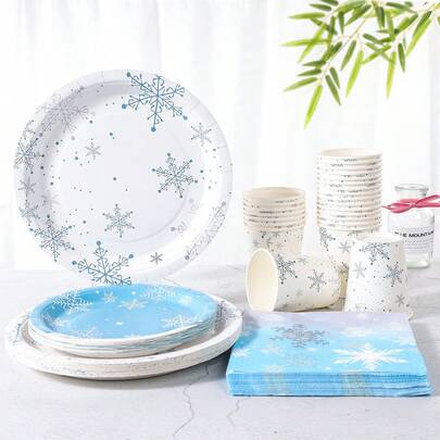 ชุดจานชามใช้แล้วทิ้งลายเกล็ดหิมะสีฟ้า, จานกระดาษสำหรับงานเลี้ยงคริสต์มาสแบบใช้แล้วทิ้งขนาด 7/9 นิ้ว, ถ้วยกระดาษแบบใช้แล้วทิ้ง, จาน, ผ้าเช็ดปาก, เหมาะสำหรับแขก 10/24 ท่าน, เหมาะสำหรับงานเฉลิมฉลองวันหยุด, ของตกแต่งคริสต์มาส, เหมาะอย่างยิ่งสำหรับกิจกรรมคริสต์มาสและอุปกรณ์ปาร์ตี้