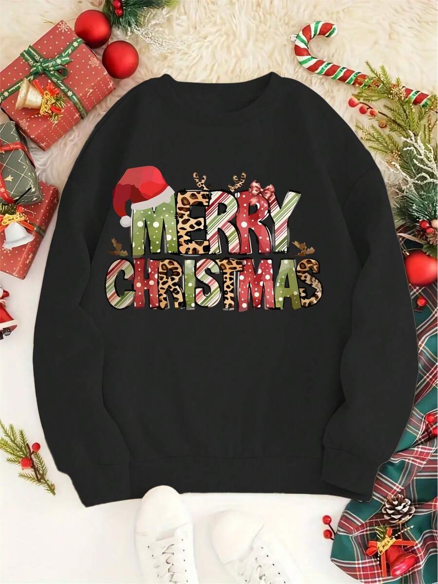 Women's Christmas Print Sweatshirt, Casual Crew Neck Pullover, Lightweight, All-Season Fashion Top, Combed Cotton Loose Sweatshirt, Crew Neck Versatile Daily Style - màu đen - Xem 1