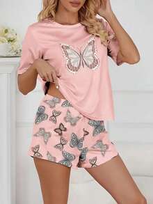2pcs Women Pajama Set With Butterfly Pattern Top And Shorts