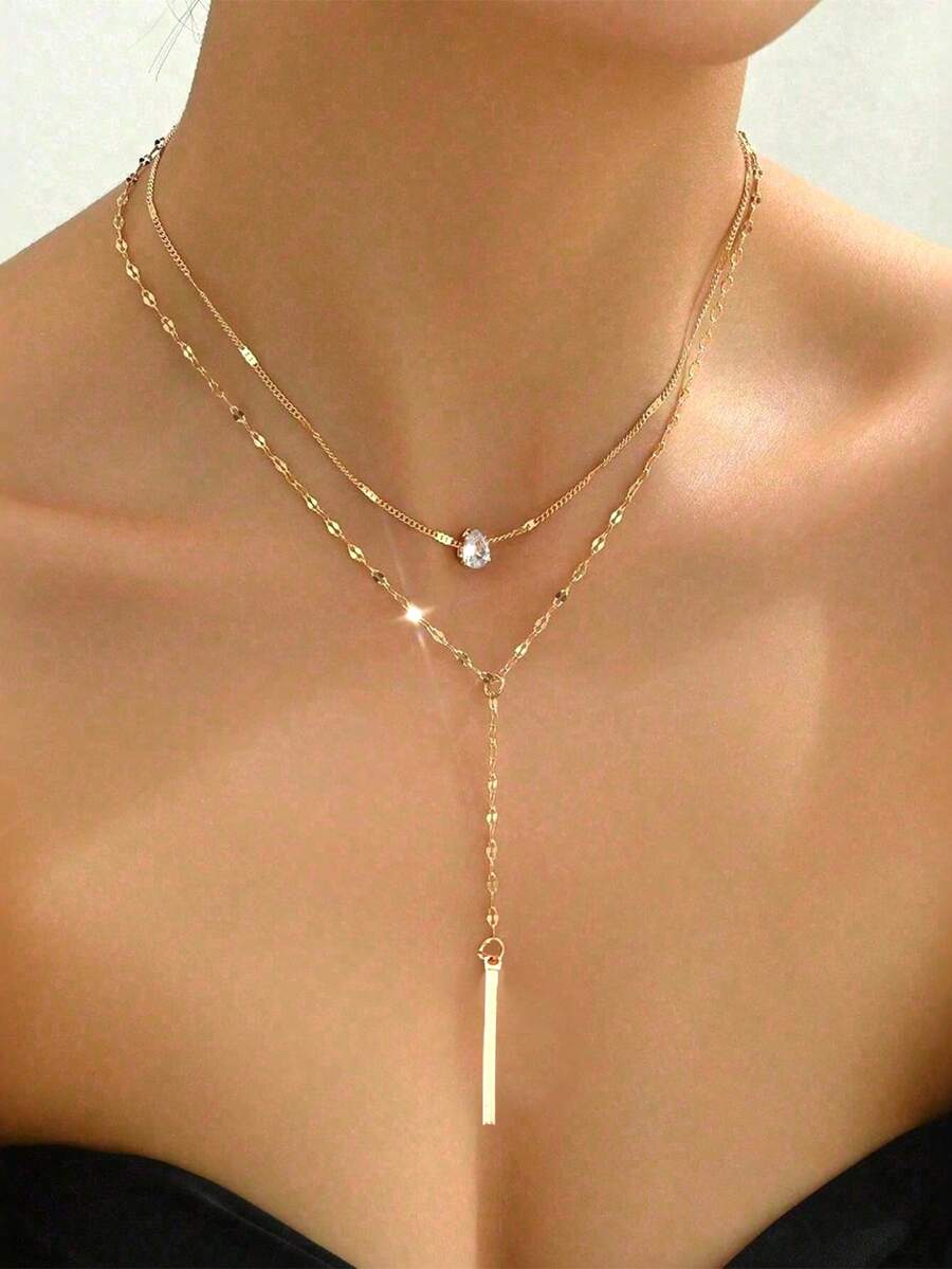 1 件女士时尚锌合金链水钻亮片吊坠项链，百搭颈链适合日常佩戴、派对和聚会