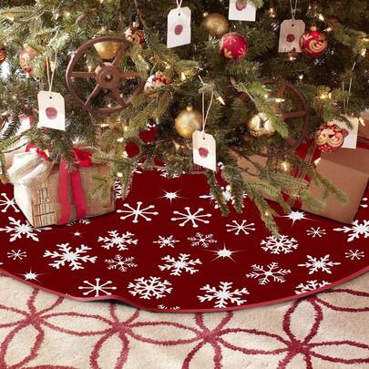 1 pieza Falda de árbol de Navidad con base roja y elemento de copo de nieve blanco, alfombra de árbol de Navidad de fibra de poliéster, adecuada para decoración de fiestas temáticas y días festivos, excelente para decoración del hogar, oficina y habitación, alfombra tradicional de árbol de Navidad, decoración de escena, decoración de ambiente festivo, decoración del hogar y la oficina, regalo de Navidad, decoración de fiestas temáticas, decoración de Navidad, alfombra de cocina