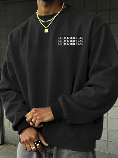 男士休闲街头风百搭简约英文标语图案圆领套头卫衣，长袖上衣