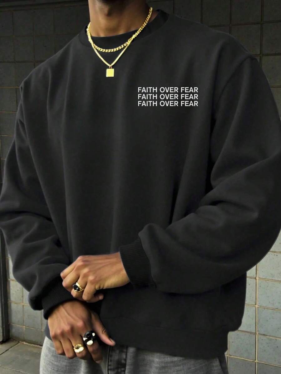 男士休闲街头风百搭简约英文标语图案圆领套头卫衣，长袖上衣 - 黑色 - 查看 1