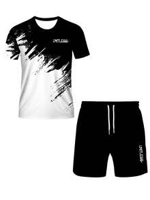 男士加大码休闲运动套装 - 几何笔触设计，带口袋和抽绳短裤的圆领 T 恤，舒适的涤纶混纺面料，可机洗，加大码，舒适服装