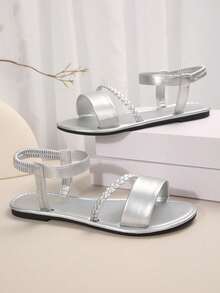 全新加大码女式圆头编织露趾舒适简约松紧带平底拖鞋凉鞋，休闲时尚户外度假沙滩夏季鞋 - 銀色 - 查看 6