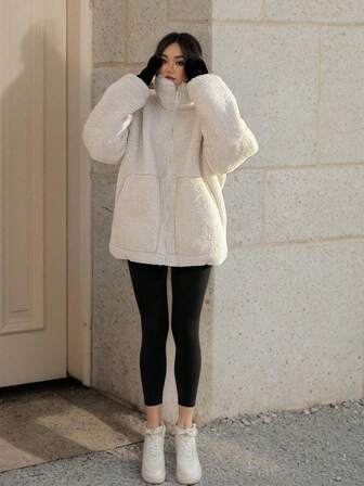 1 件女式纯色落肩长袖口袋泰迪羊毛夹克，休闲冬季