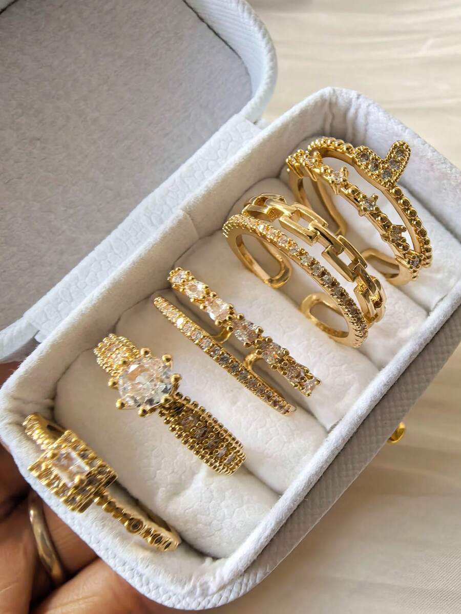 5pcs Minimalist Luxury Fashion Elegant Unique Personalized French Classic Daily Party Copper Micro-Inlaid Cubic Zirconia Versatile Women's Ring Set (No Gift Box)