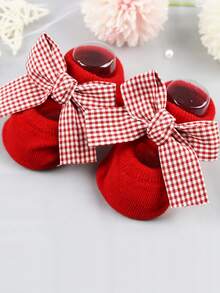 5 Pairs Baby Girls' Cute Bow Decor Red Short Socks, Hollow Instep With Gripping Dots, Suitable For Infants Daily Wear, Valentine's Day