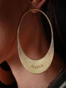1pc Personalized Customized Name, Laka Luka Design "Oval" Earrings, Hand Stamped Large Oval Hoops, Personalized Earrings, Custom Gold Oval Earring. Statement Earrings. Fashion Accessories Paired With Clothing, Fashionable Stainless Steel Earrings. - Gold - View 5