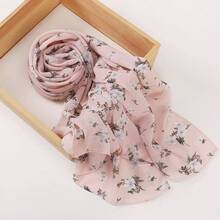 5pcs/Set Solid Color & Digital Print Chiffon Pleated Scarf Hijab, Simple Fashion Muslim Women's Plain Shawl Turban (Packaged In OPP Bag + Zipper Bag) For Dress